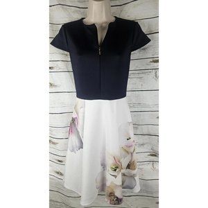 Ted Baker Floral Skirt Dress 1 US4 Small Fit & Flare Black Bodice Zip Ponte Knit